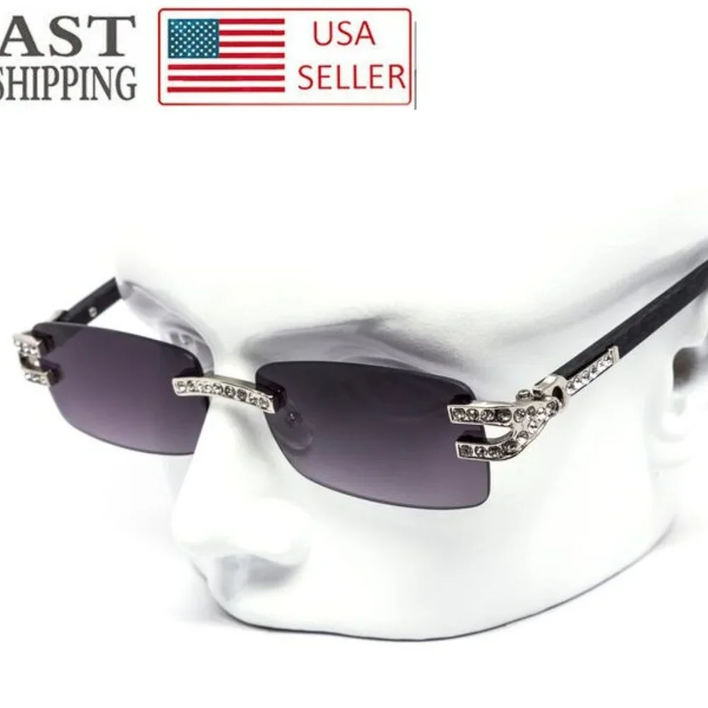 Men Sunglasses Square‎ Black Lens Fashion Diamond Bling Hip Hop Style Rimless